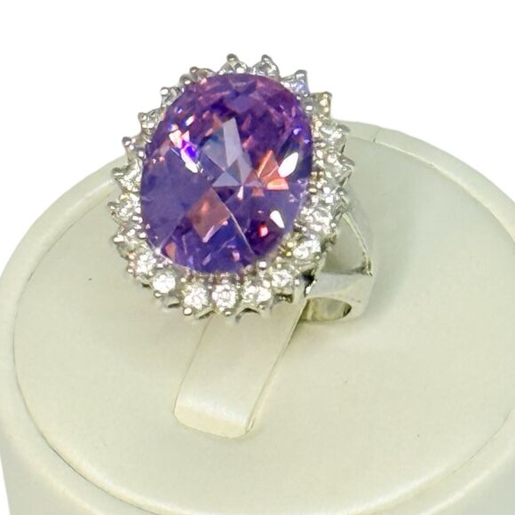 Large  Purple Crystal 925 Sterling Silver Cocktail Ring Sz 8 Statement Bold - Picture 11 of 16